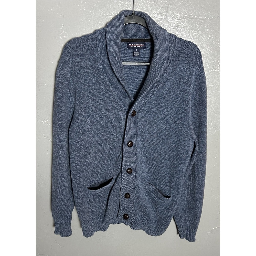 Roundtree & Yorke Men's L Blue Button Grandpa core Sweater ‎ Elbow Patches